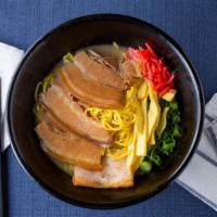 Okinawa Soba · light, clear broth, Okinawa chasu, green onion,egg,fishcake, thick flour noodles.