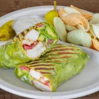 *Caesar Chicken Wrap · Grilled chicken breast wrapped in a garden spinach tortilla with sliced avocado, tomatoes, p...