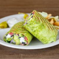 *Veggie Wrap · Falafel, sliced avocado, carrots, garbanzo beans, tomatoes, cucumbers, red onions, crumbled ...