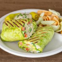 Babaganoush Wrap · Babaganoush spread, tomatoes, cucumbers, avocado, and romaine lettuce wrapped in a tortilla.
