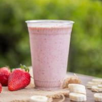 *Strawberry Banana Smoothie · Real frozen strawberries and bananas, 25 grams of vanilla protein powder, and almond milk or...