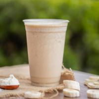 *Healthy Smoothie · Real frozen bananas, peanut butter, 25 grams of vanilla protein powder, and almond milk or w...