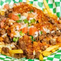 Asada Fries · Large Seasoned Fries with Melted Cheese, Beans, and  your choice of meat