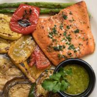 Salmone Grigliato · Grilled salmon, lemon caper sauce and grilled vegetables.