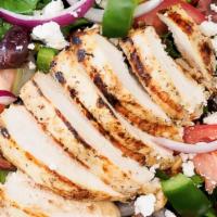 Mediterranean Chicken Salad · Lemon herb chicken, romaine lettuce, red onion, cherry tomato, cucumber, feta cheese, with y...