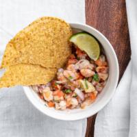 Ceviche De Camaron · Marinated shrimp ceviche with avocado and tostadas