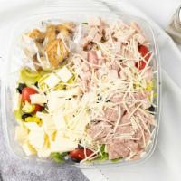 Vince'S Antipasto Salad · romaine lettuce, salami, ham, provolone cheese, 
tomatoes slices, black olives, red onions, ...