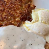 Country Fried Steak Breakfast · All time classic with country gravy.  Two Eggs any style, hash browns or country potatoes, a...