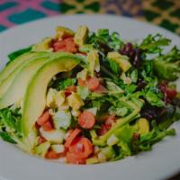 Ensalada Rustica · Gluten free and vegan. Organic greens, avocado, cucumber, tomatoes, bell peppers, carrots, c...