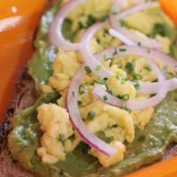 Avocado Toast · Home-made avocado spread, on our country loaf bread, with scrambled organic eggs & red onion...