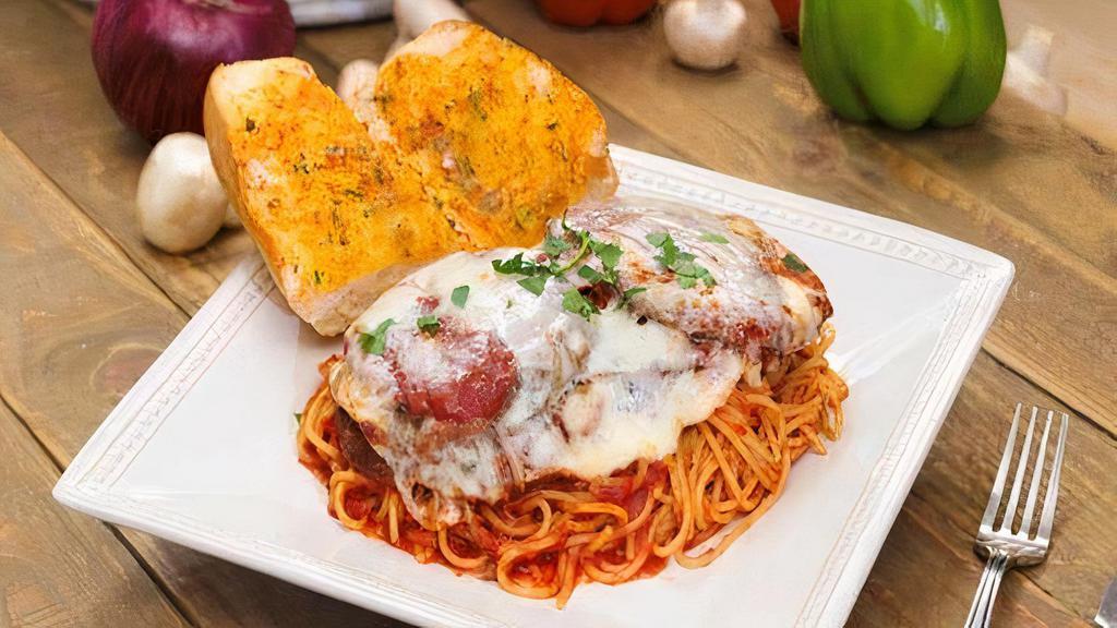 Chicken Parmigiana With Spaghetti · Served with a side of focaccia bread. Breaded chicken breast fried with marinara sauce and oven baked with mozzarella cheese.