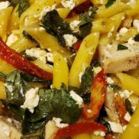 Grilled Chicken Penne · Penne pasta served with grilled chicken, olive oil, sun-dried tomato, feta, and fresh basil.