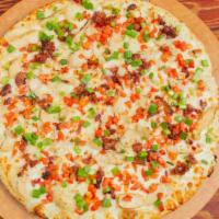 Chicken Club · Diced chicken, bacon, green onions, tomatoes and green onions with garlic white sauce.