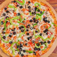 Classic Vegetarian · Mushrooms, black olives, bell peppers, tomatoes and mozzarella cheese with our homemade pizz...