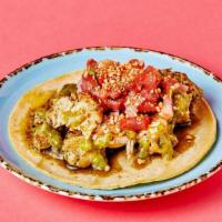 Grilled Chicken Taco · 36 hour Cilantro lime marinaded chicken, pico de gallo, avocado tomatillo salsa, chili lime ...