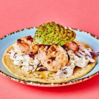 Grilled Shrimp Taco · Tajin blackened shrimp, poblano ranch slaw, avocado, lime zest