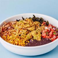 Vegan Grilled Chicken Bowl · The vegan party had not ended! 36 hour marinaded house-made cilantro lime seitan chicken, pi...