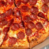 Pepperoni (Large) · Classic and fashionable: mozzarella cheese and pepperoni on a bed of a tomato sauce.