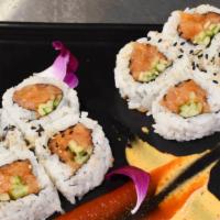 Spicy Salmon · Spicy Salmon with Cucumber, Sesame Seeds on top
