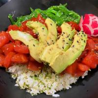 Poke Bowl · Cubed tuna or salmon over rice, seaweed salad, poke sauce, Avocado, Seasame Seeds with Rice ...