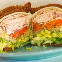 Mavericks Sandwich · Turkey, provolone, avocado, sprouts, shredded lettuce and sliced tomatoes on squaw.
