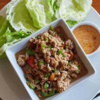 Chicken Lettuce Wrap · Minced chicken or tofu mushrooms, bell peppers, cashew nuts, green onions with lettuce cups ...