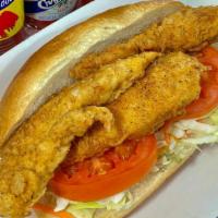 Fried Chicken Poboy · Fried Chicken Tender Sandwich on a french roll. Comes with tomato and coleslaw with remoulad...
