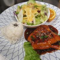 Salmon Teriyaki · Fresh salmon 8oz white rice house salad seasonal fruit