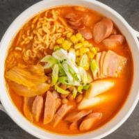 Army Base Stew · Chicken and beef broth based stew with bean, franks, Korean black pig sausage, Spam, onion, ...