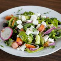 Greek Salad · Mixed greens, tomatoes, cucumbers, red onions, bell peppers, kalamata olives, and feta chees...