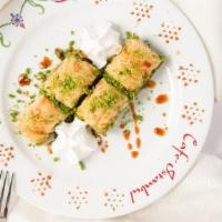 Baklava (Pistachios) · A traditional Turkish dessert. Sheets of phyllos dough stuffed with crushed pistachios.