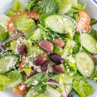 Greek Salad · Romaine lettuce, fresh tomato cucumber, onions, kalamata olives with our homemade Italian dr...