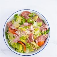 Antipasto · Romaine lettuce, tomato, kalamata olives, artichoke, salami, ham, prosciutto, truffle mortad...
