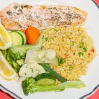 Steamed Salmon · Large. With rice pilaf and vegetables.