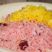 Vegetarian Albalou Polo · Sour cherries cooked with own special sweet and sour sauce mixed with basmati rice. Served w...