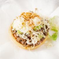 Sopes · Choice of one meat each. Beans, lettuce, sour cream, cheese, and salsa.