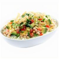 Vegan Bowl · Cilantro lime rice, white beans, avocado, roasted corn, tomato, bell peppers, pepperoncini, ...