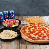 Family Special #2 · Large 1-Topping Pizza, House Garden Salad, Fettuccine Alfredo, and 4 Drinks.