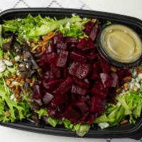 Beet Salad · Oven Roasted beets with pecans & bleu cheese crumbles served over mixed greens with balsamic...