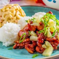 Chicken Teriyaki · Served with 3 scoops of sticky rice and macaroni salad or green salad.