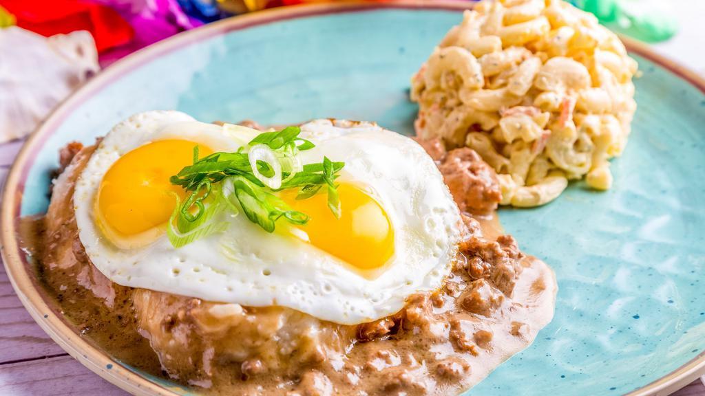 Loco Moco · Ground beef, onions, and brown gravy with two fried eggs over rice. Served with 3 scoops of sticky rice and macaroni salad or green salad.