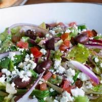 Mediterranean Salad · Fresh romaine hearts, feta, red onions, kalamata olives, cucumber & tomatoes in our homemade...