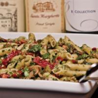 Penne Asparagus · Asparagus, mushrooms, fresh roma tomatoes, sun-dried tomatoes, garlic, pesto, Grana-Padano