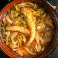 Nabeyaki Udon · Shrimp tempura, chicken and egg.