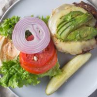 Black Bean Burger · Black Bean Burger on a Toasted Bun with homemade Chipotle Mayo, Avocado, Pepperjack Cheese, ...