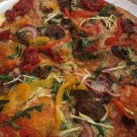 Vegetarian Pizza · Bell pepper, onions, mushroom, black olives, tomatoes.