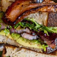 Bla · House cured bacon, bacon gribiche, and avocado on larder baking Sourdough bread
