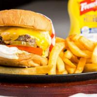 Cheeseburger · 1/2 lb Angus Beef patty seasoned with seven spices-topped with American cheese, lettuce, tom...