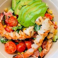 Chopped Summer Salad · Chopped English cucumber, corn, red peppers, cherry tomatoes, fresh cilantro + avocado. Toss...