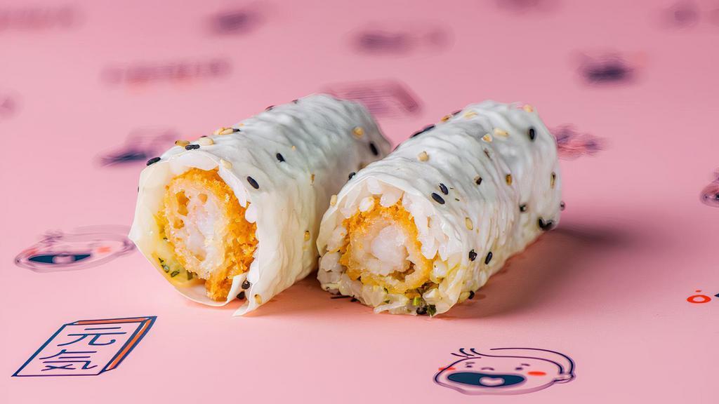 Krispy Shrimp Handroll · Panko crusted shrimp, tartar sauce, sushi rice wrapped in soy paper.  2 pieces